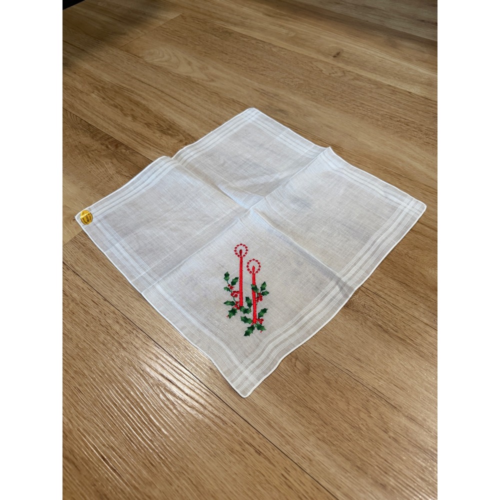 Vintage Swiss Cotton Christmas Handkerchief Red Candle Holly Embroidery RN 13962